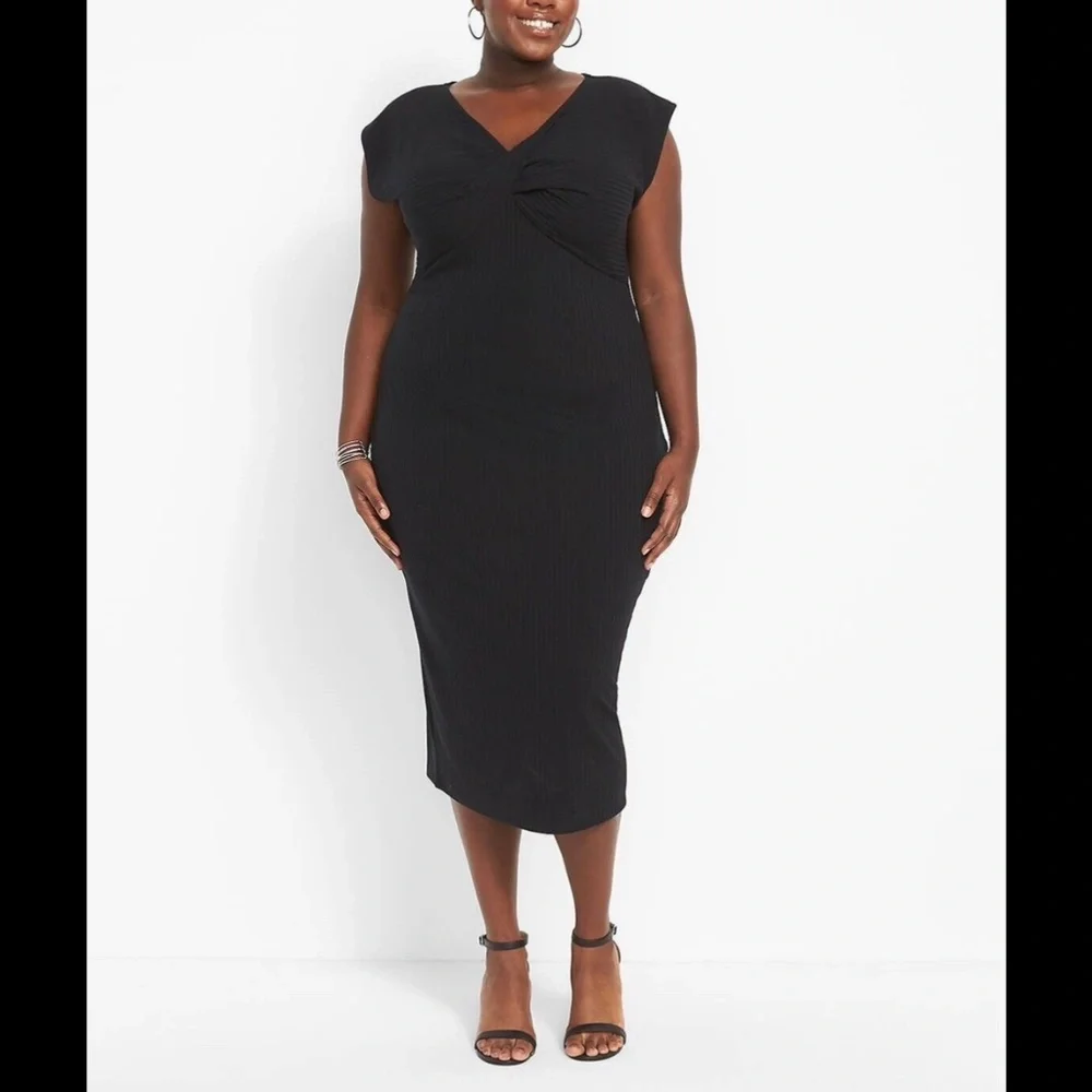 NWOT Lane Bryant Cap Sleeve Twist Neck Bodycon Ribbed Dress Black Size 26/28